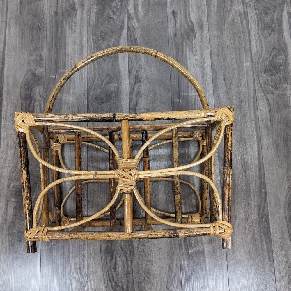 Vintage Boho Rattan Bamboo Butterfly Magazine Rack MCM